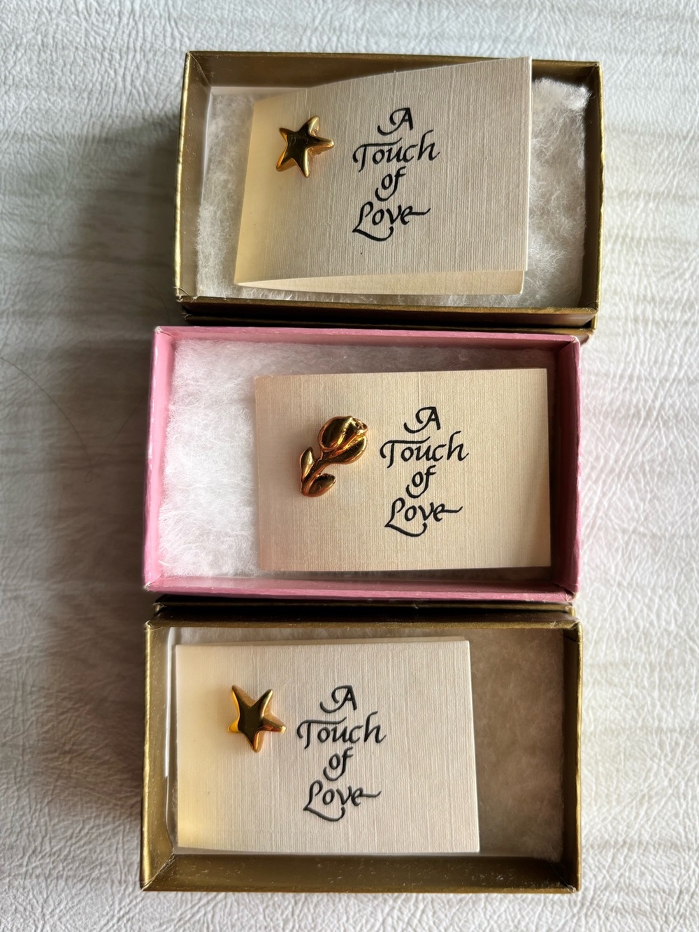 Vintage Roller-Brown Inc A Touch of Love 14K Gold Plated Lapel Hat Pins Lot of 3